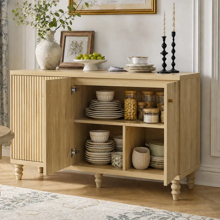 Bestier Buffet Cabinet with Storage,Modern Fluted Sideboard Cabinet with 3 Doors & Adjustable Shelves,Wooden Credenza Coffee Bar Cabinet for Dining Room Kitchen Living Room Entryway,Natural Oak