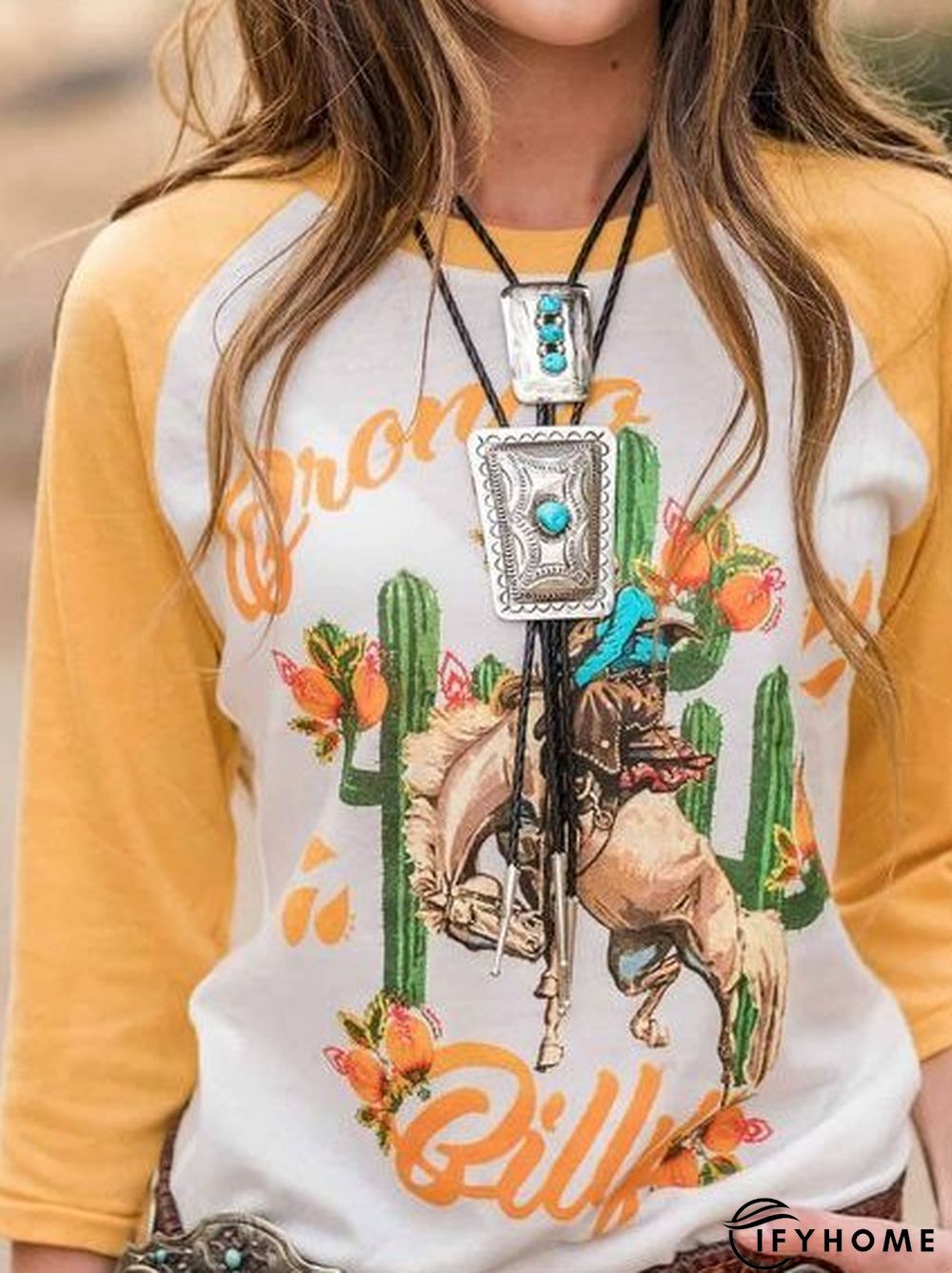 3/4 Sleeve Cotton-Blend Crew Neck Printed T-shirt | IFYHOME