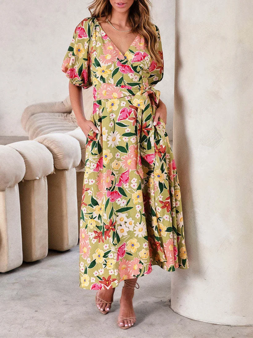 Women's V Neck Short Sleeve Floral Print Dress