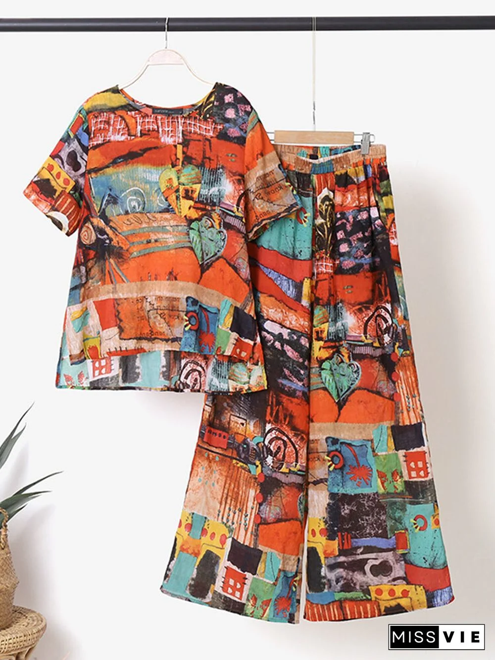 Abstract Painted Pocket Split Wide Leg Short Sleeve Suit