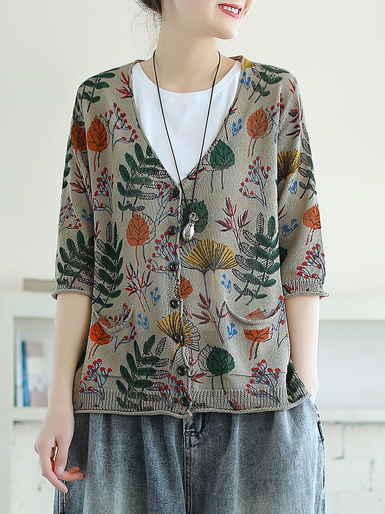 Plus Size - Leaf Printed Half Sleeve Women Knitted Shirt