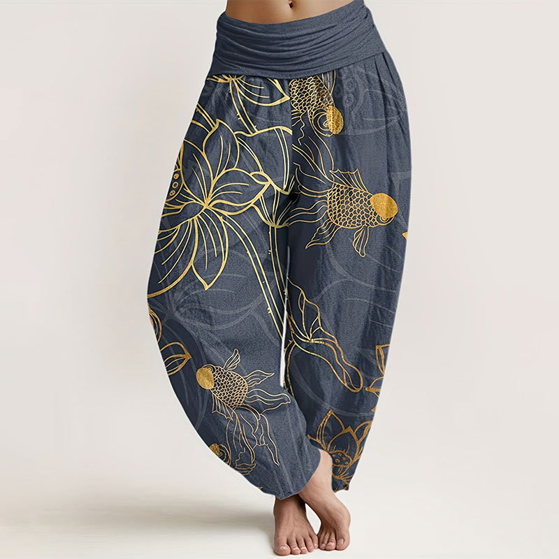 Comstylish Lotus Leaf Koi Fish Women's Elastic Waist Harem Pants