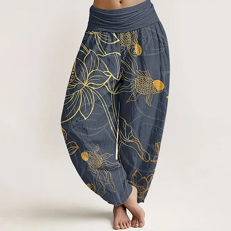 Lotus Leaf Koi Fish Women's Elastic Waist Harem Pants