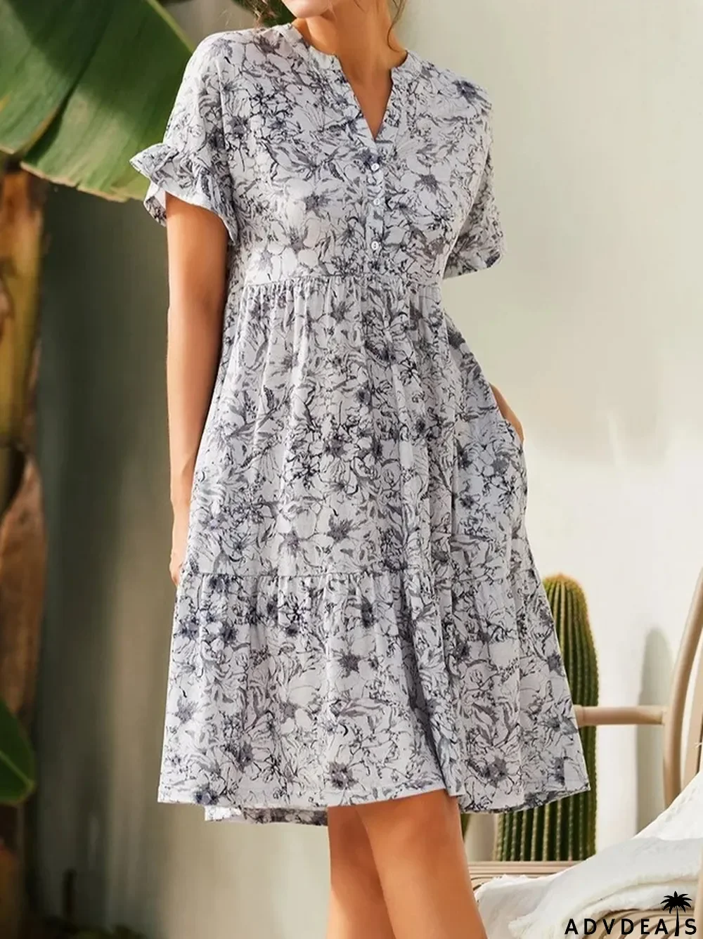 Deep V Neck Button Print Loose Bell Sleeve A-Line Casual Dress