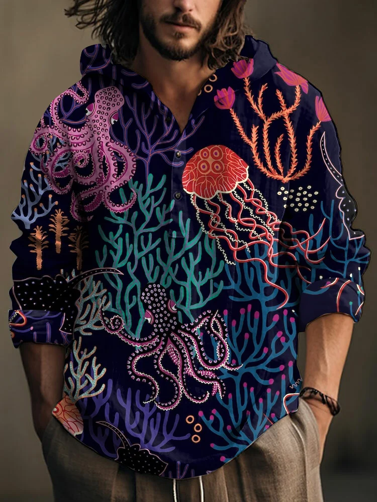 Men's Colorful Octopus Art Linen Hooded Long Sleeve Shirt