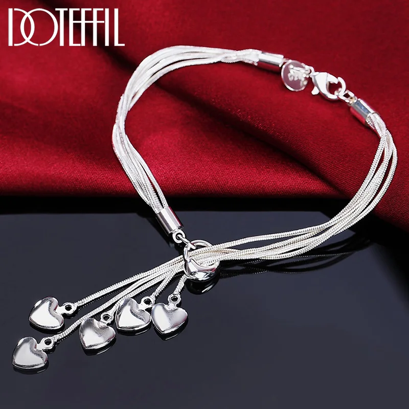 DOTEFFIL 925 Sterling Silver Tassel Love Five Heart Snake Chain Bracelet For Women Jewelry