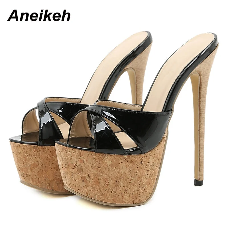 Aneikeh 2021 New Sexy Super High Heel Patent Leather Turned-Over Edge Women Party Shoes Fashion Platform Peep Toe Slip On Mules
