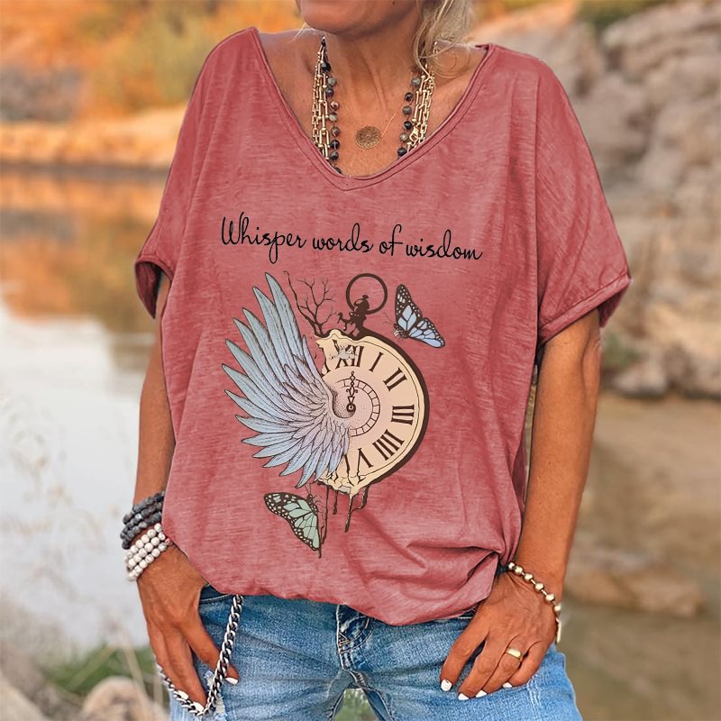 Whisper Words Of Wisdom Printed Clock And Butterflies Patterns T-shirt