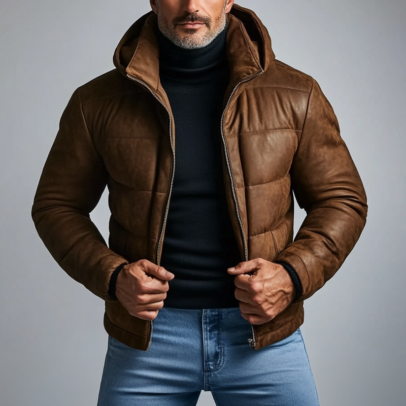 Men's Casual PU Leather Zipper Hooded Cotton-Padded Jacket