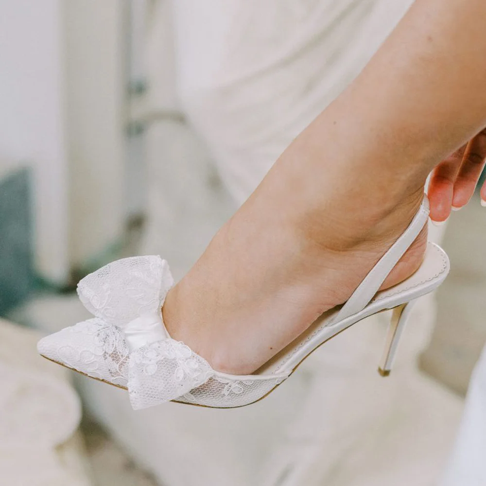White Lace Hallow Pumps Bow Decor Slingback Pumps Nicepairs