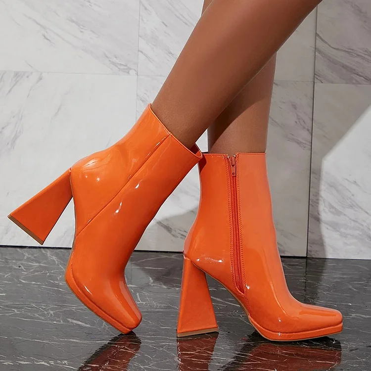 Orange Patent Ankle Boots with Chunky Heel and Zipper Vdcoo
