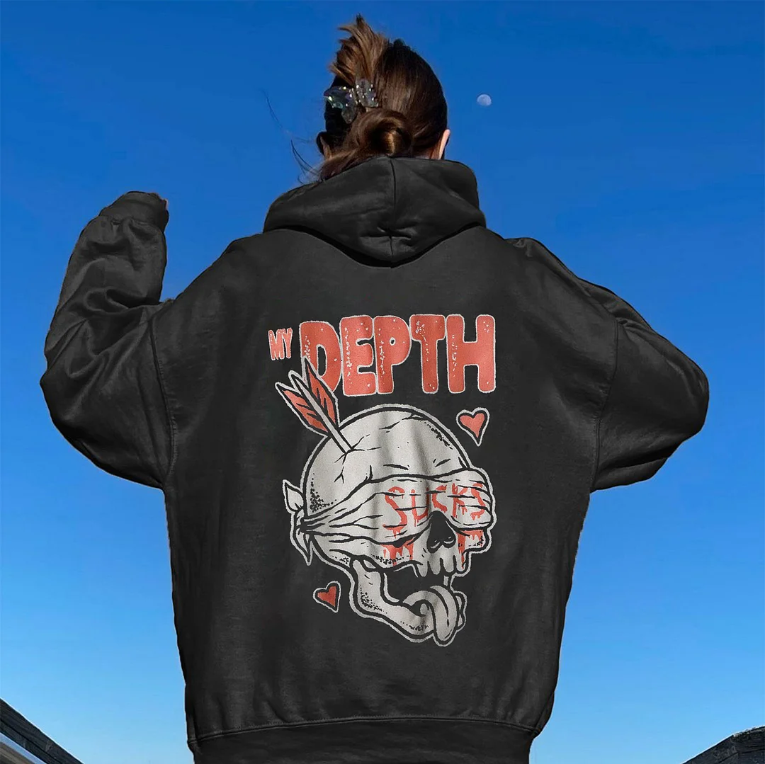 DEPTH SUCKS Skull Graphic Casual Black Print Hoodie