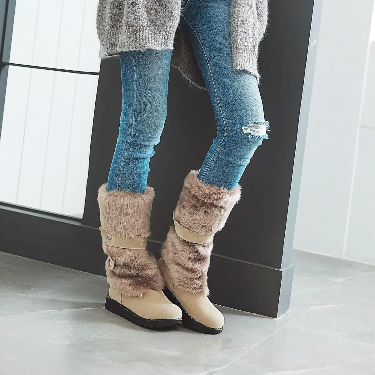 VCSHOES Fur Flat Suede Mid Calf Boots