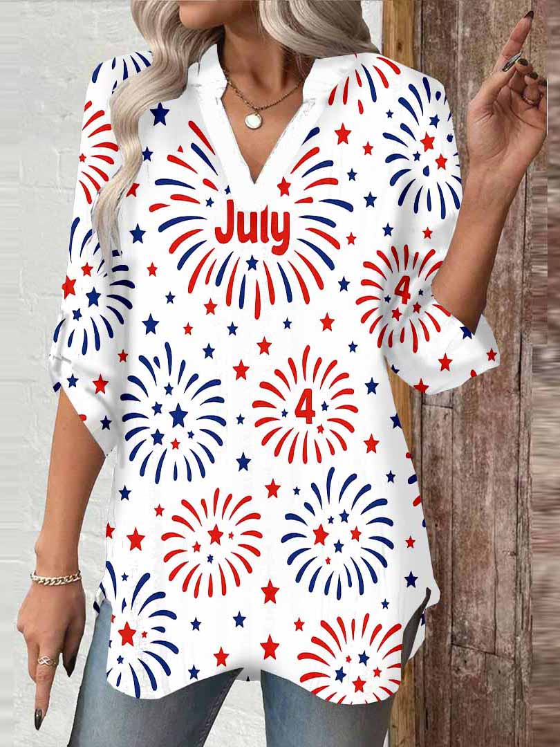 Women  Independence Day, Star, Striped, Blue, Red DZGA0234 3/4 Sleeve V-neck Printed Graphic Button Tops
