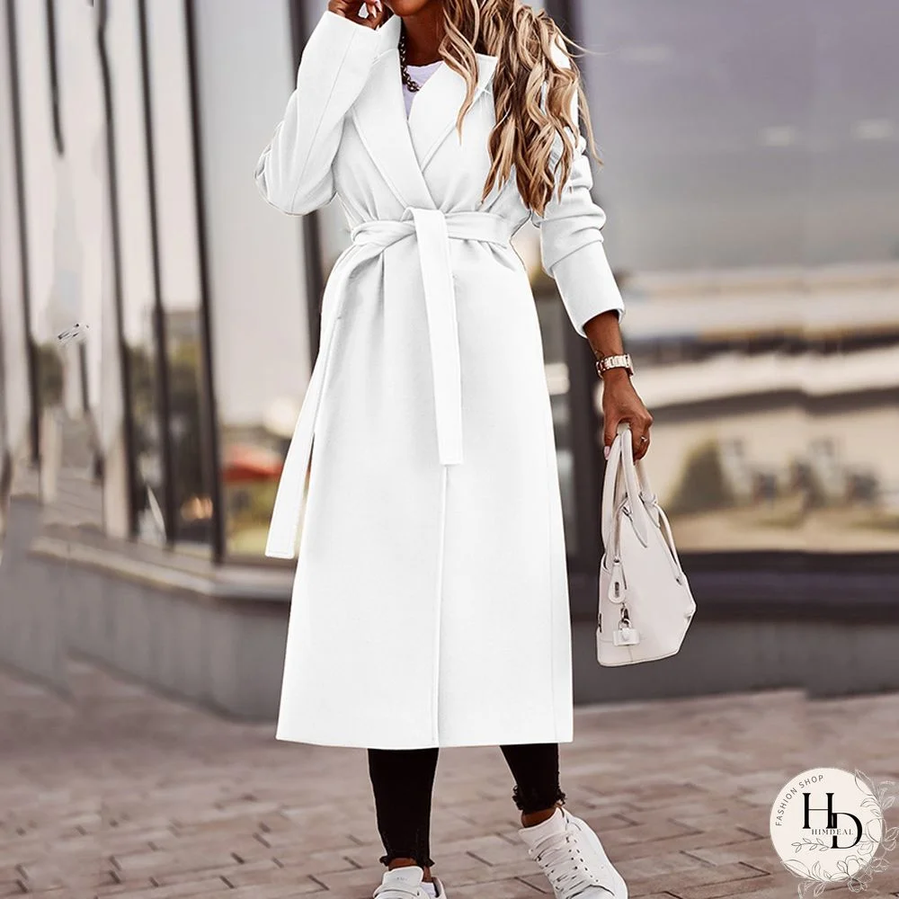 Elegant Lapel Collar Belt Lace-up Jackets Autumn Winter Casual Long Sleeve Long Outercoat Women Fashion Loose Solid Woolen Coats