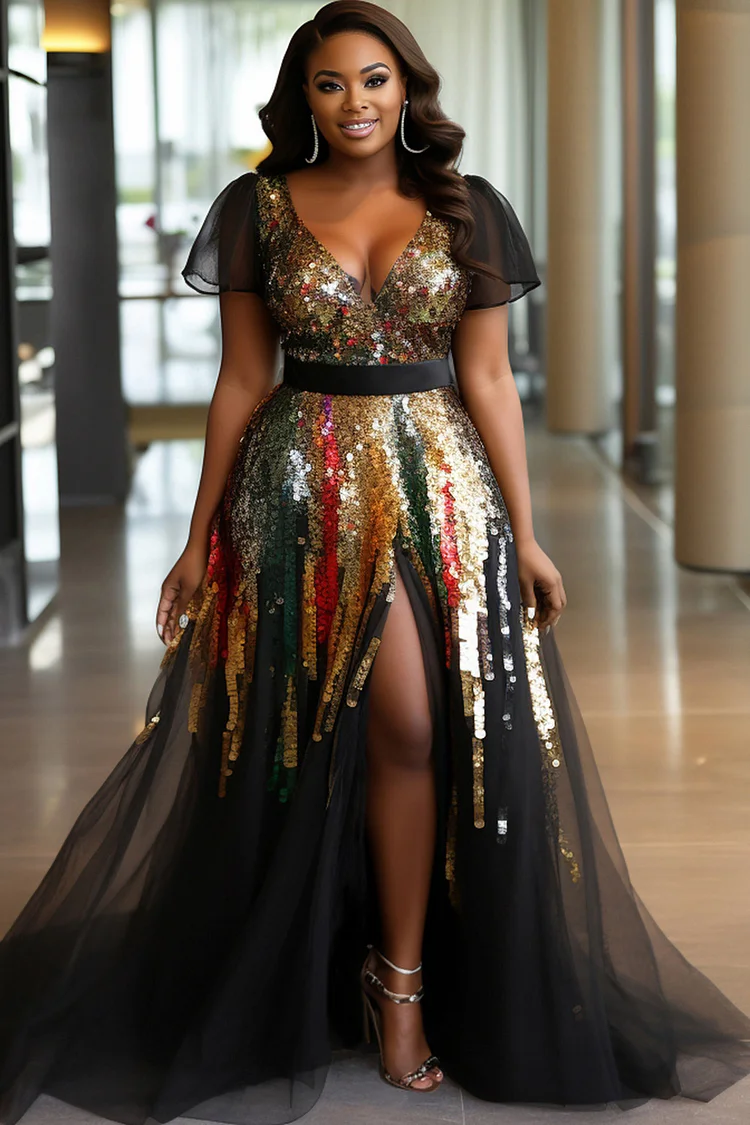 Xpluswear Design Plus Size Prom Sequin Multicolor V Neck Short Sleeve ...