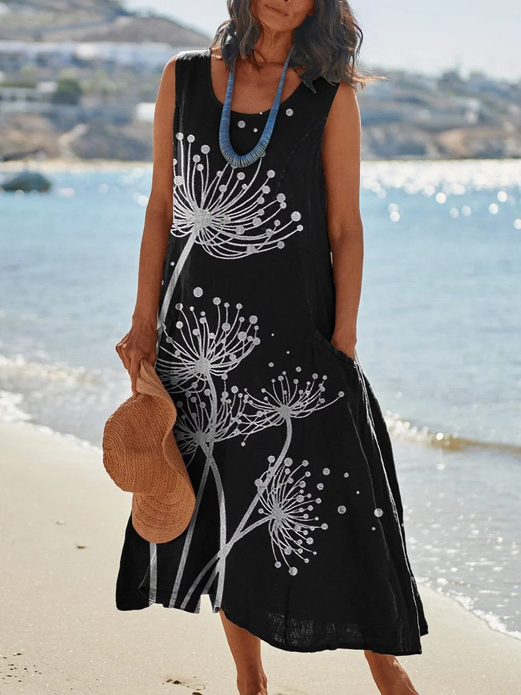 Minimalist Dandelion Art Printed Women's Pocket Pinafore Linen Dress