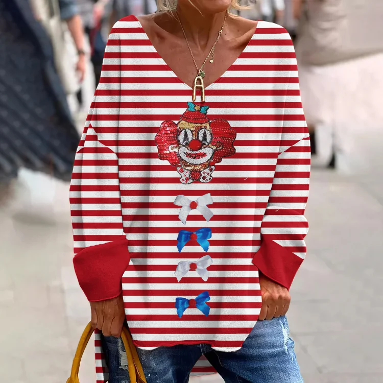 Women Kölle Alaaf Clown Printed V-Neck Loose T-Shirt