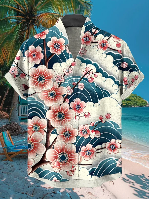 Men's Japanese Art Cherry Blossom Print Vacation Shirt