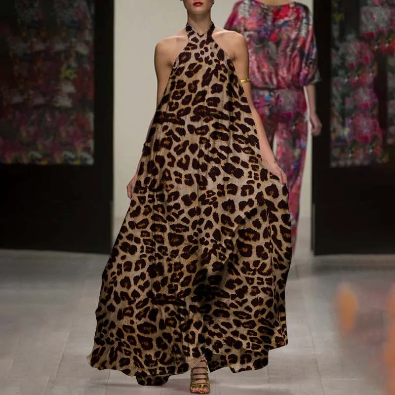 Celmia Bohemian Women Leopard Print Dress 2021 Summer Sexy Halter Sleeveless Swing Maxi Vestidos Casual Loose Beach Sundress