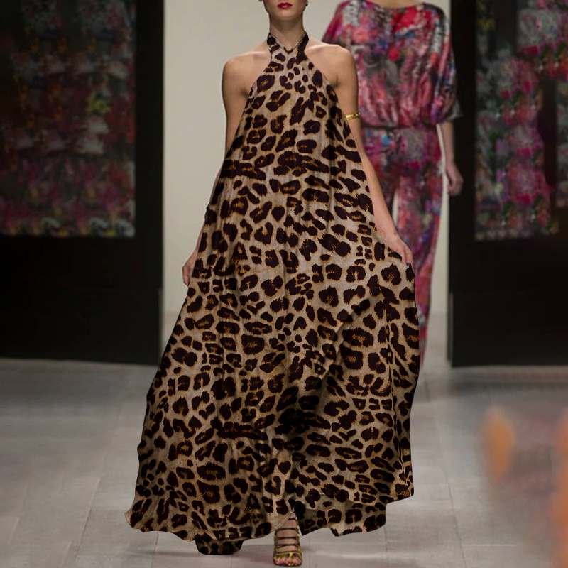 Celmia Bohemian Women Leopard Print Dress 2021 Summer Sexy Halter Sleeveless Swing Maxi Vestidos Casual Loose Beach Sundress