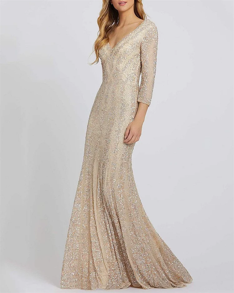 Women's V-neck Sequined Long-sleeved Dress 