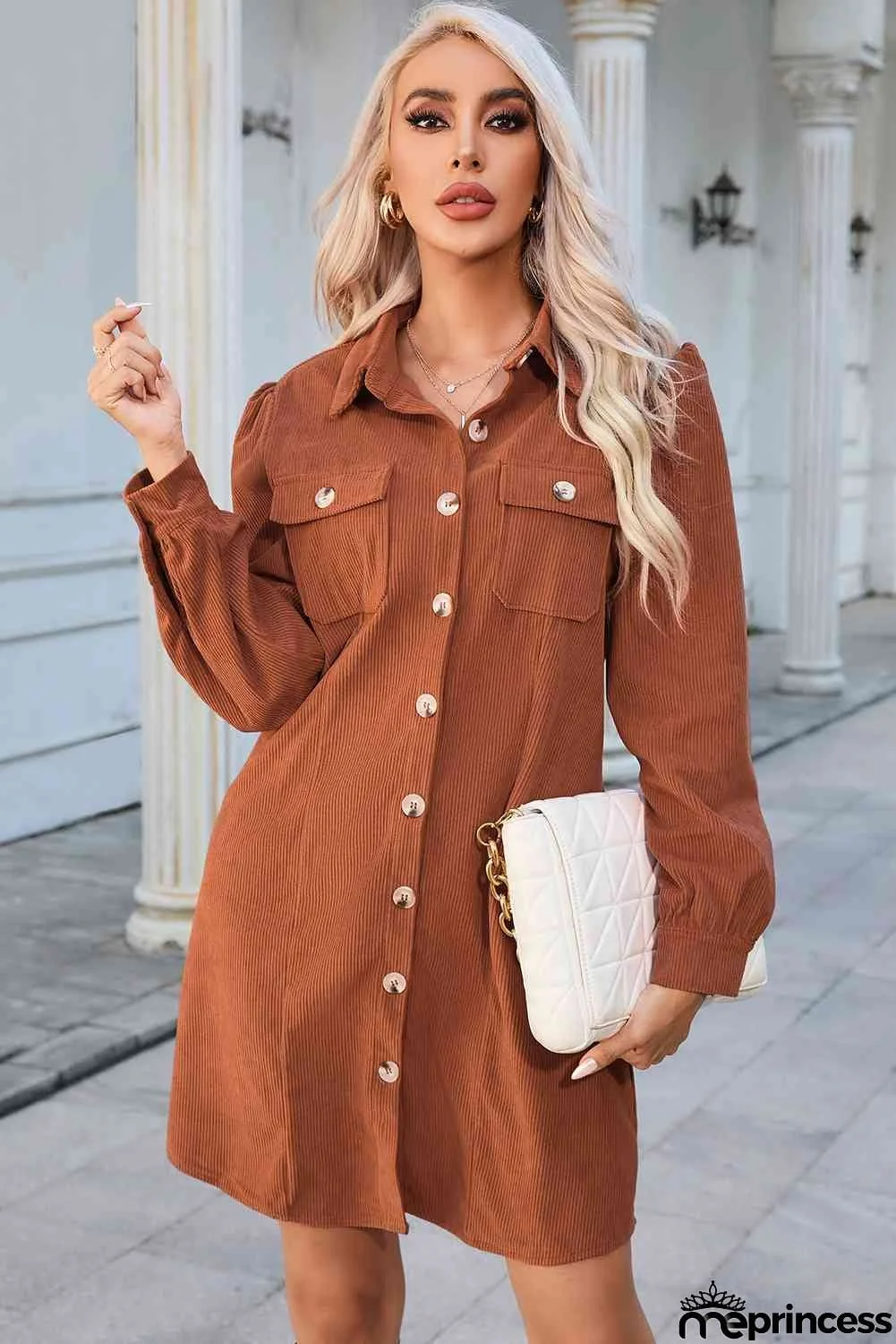 Button Down Puff Sleeve Dress
