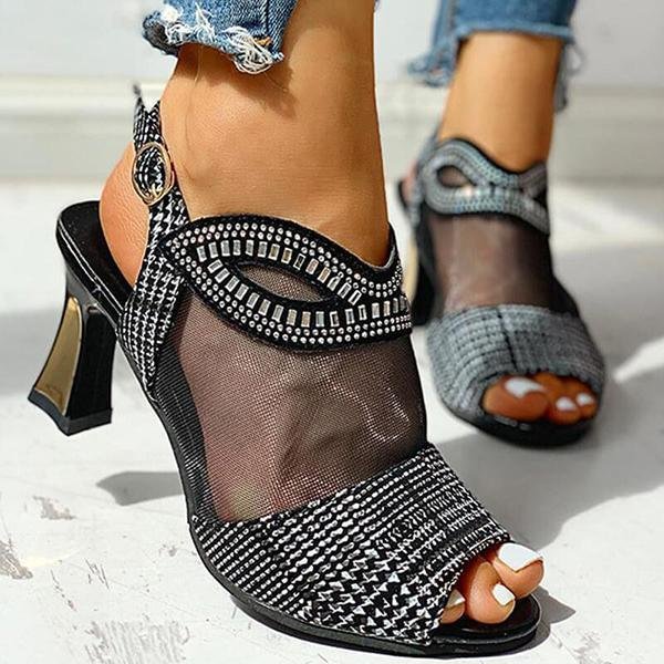 Prettyava Women Mesh Hollow Out Rhinestone Chunky Sandals
