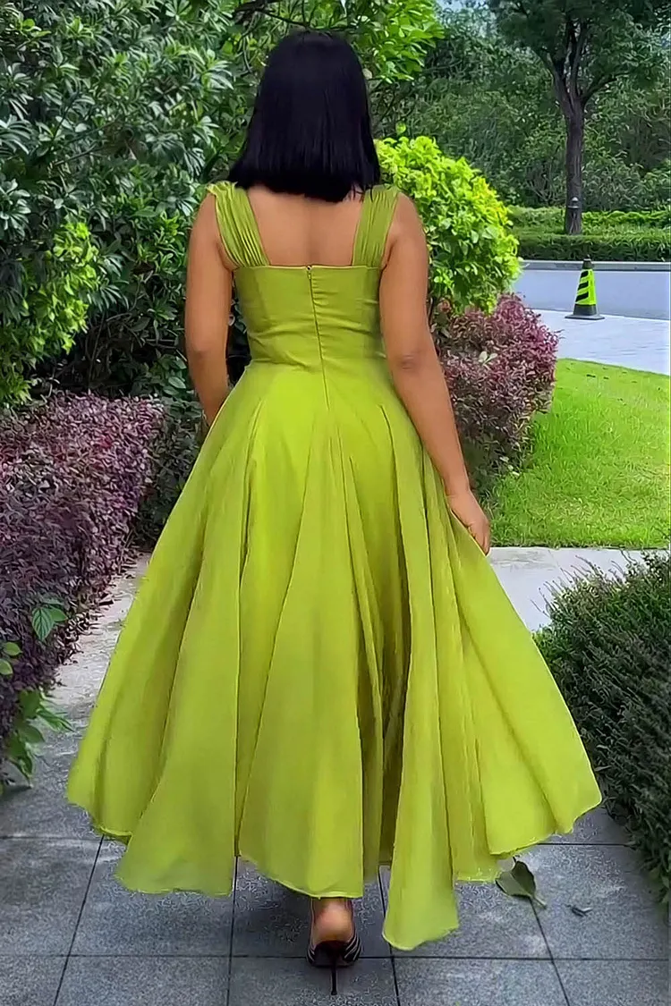 casual lime green dress Square Neck Pleated Ruffle Trim Hem Casual Maxi Dresses-Green [Pre Order]