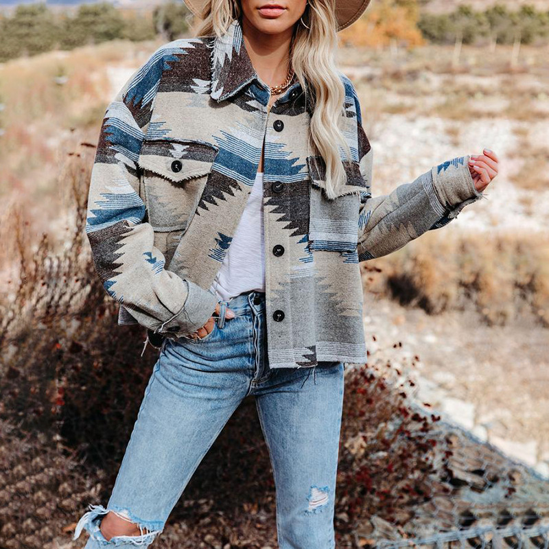 Geometric print long-sleeved woolen Coat wearshes