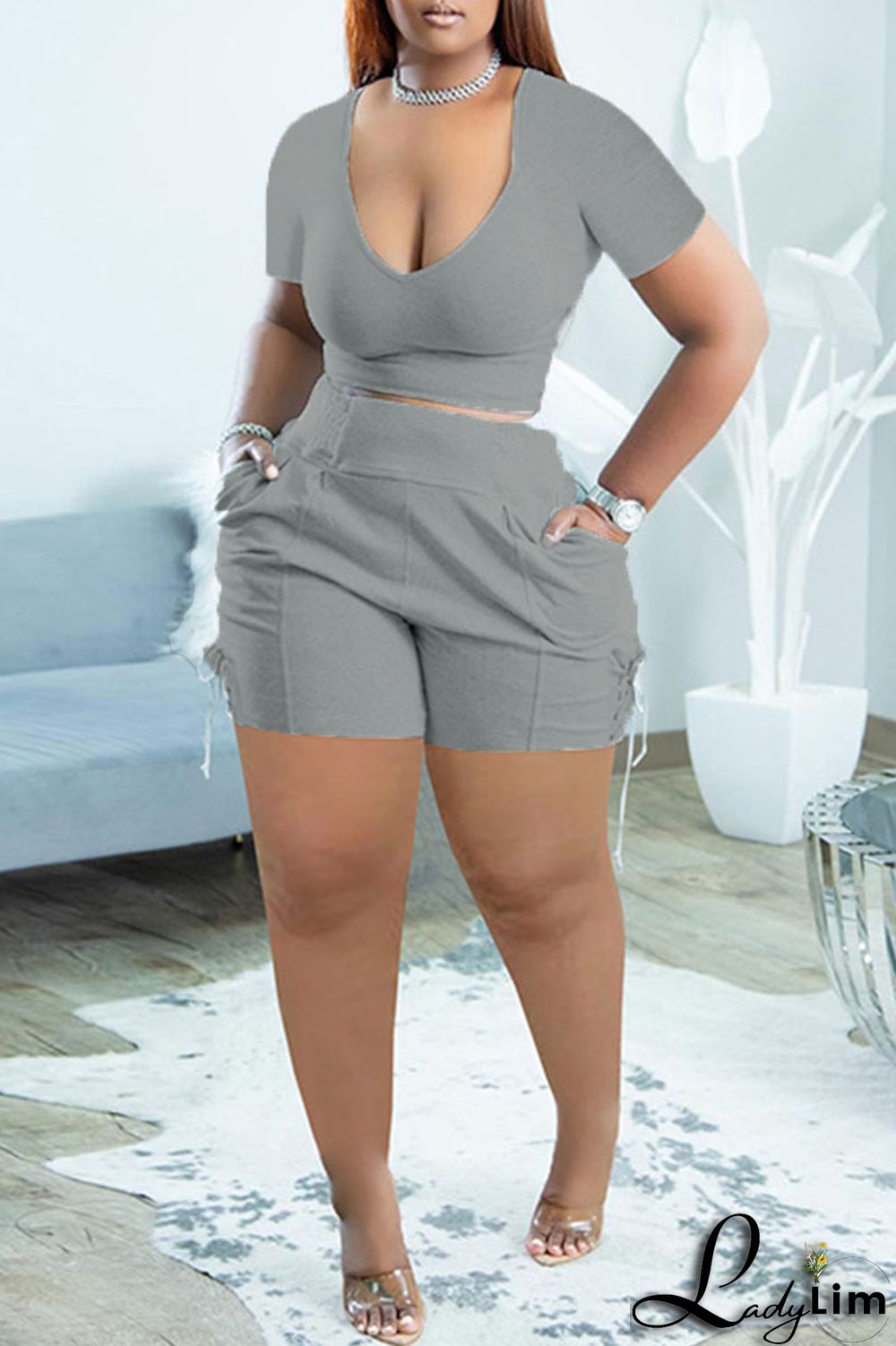 Black Fashion Casual Solid Bandage V Neck Short Sleeve Two Pieces