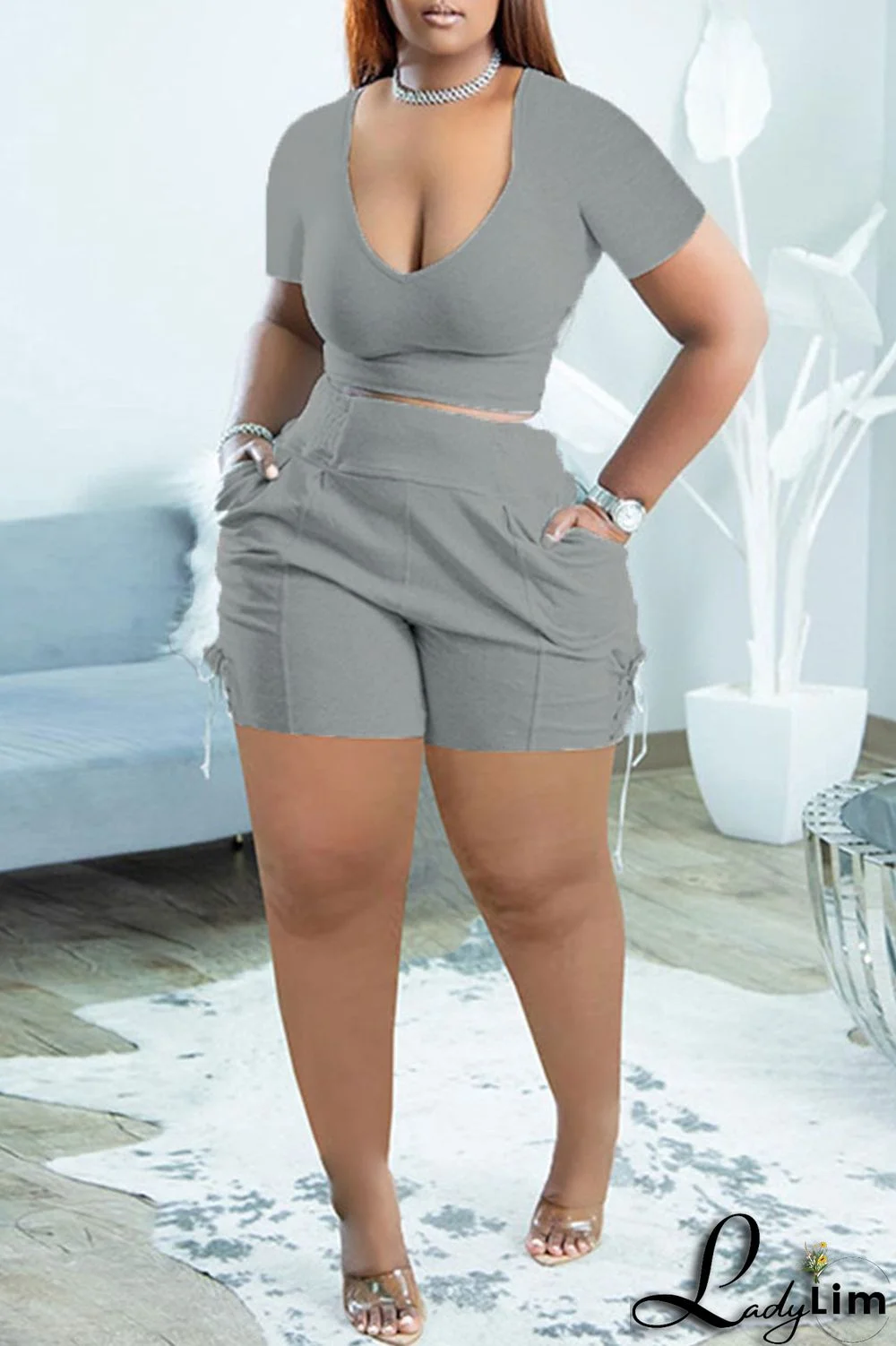 Black Fashion Casual Solid Bandage V Neck Short Sleeve Two Pieces