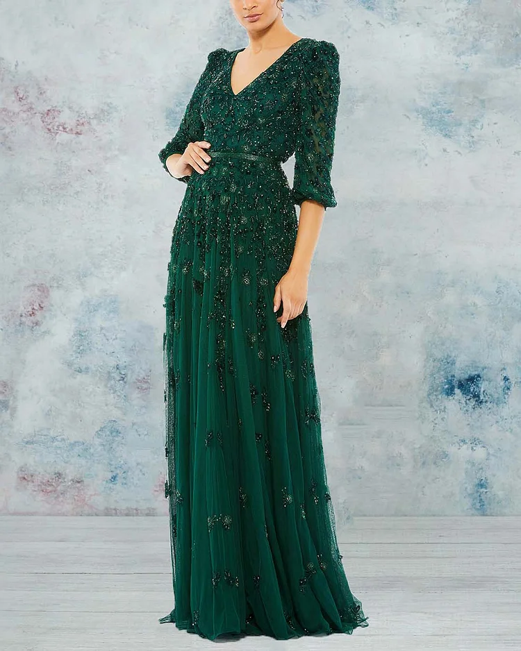 Sequined V-neck Mesh Gown Dress