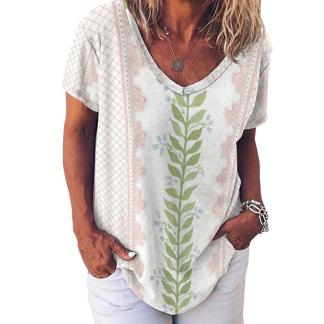 V-neck Short Sleeve Casual T-shirt for  Women Printed with Pattern Striped, Pink, Green