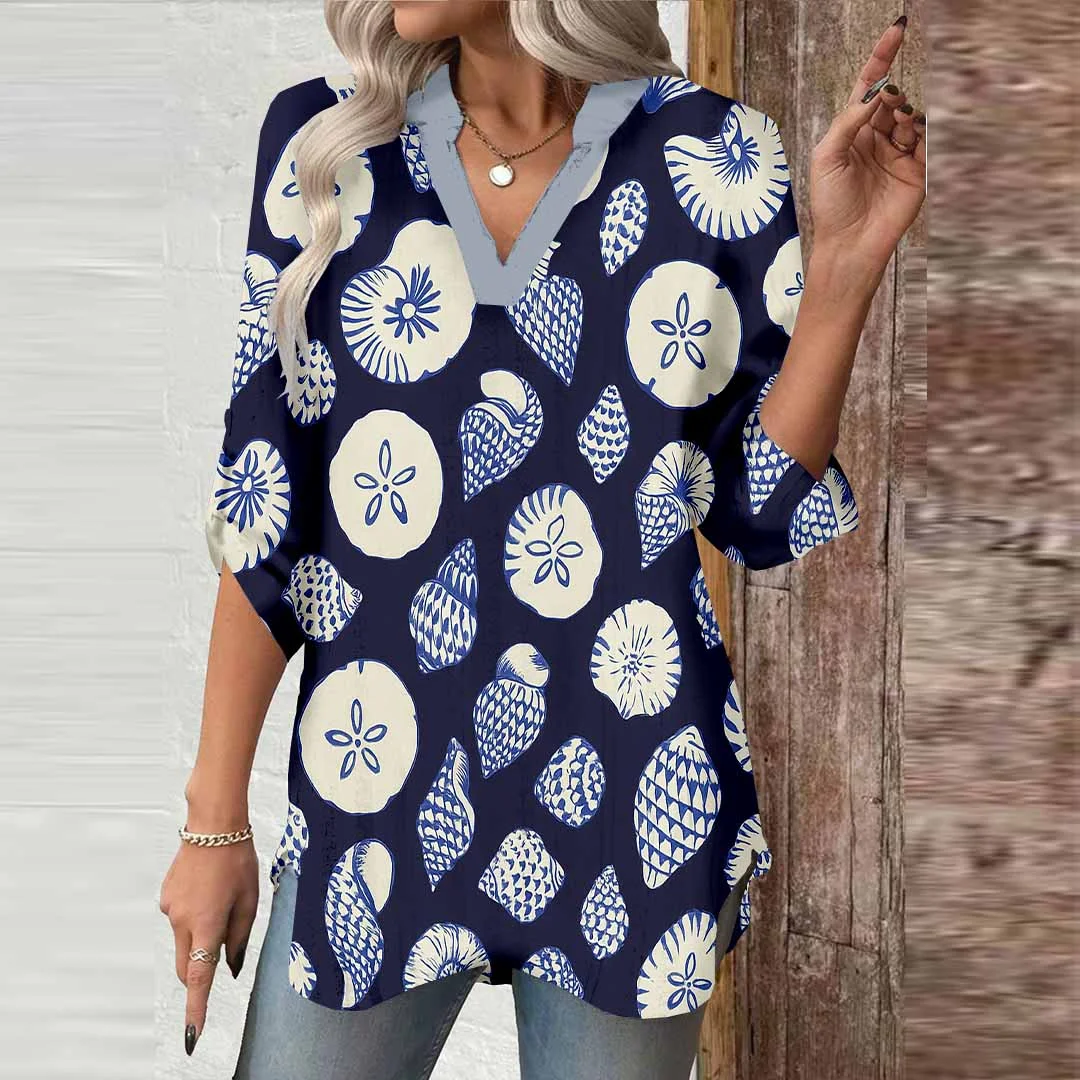 Women Ocean, Blue DZGA0201 3/4 Sleeve V-neck Printed Graphic Button Tops