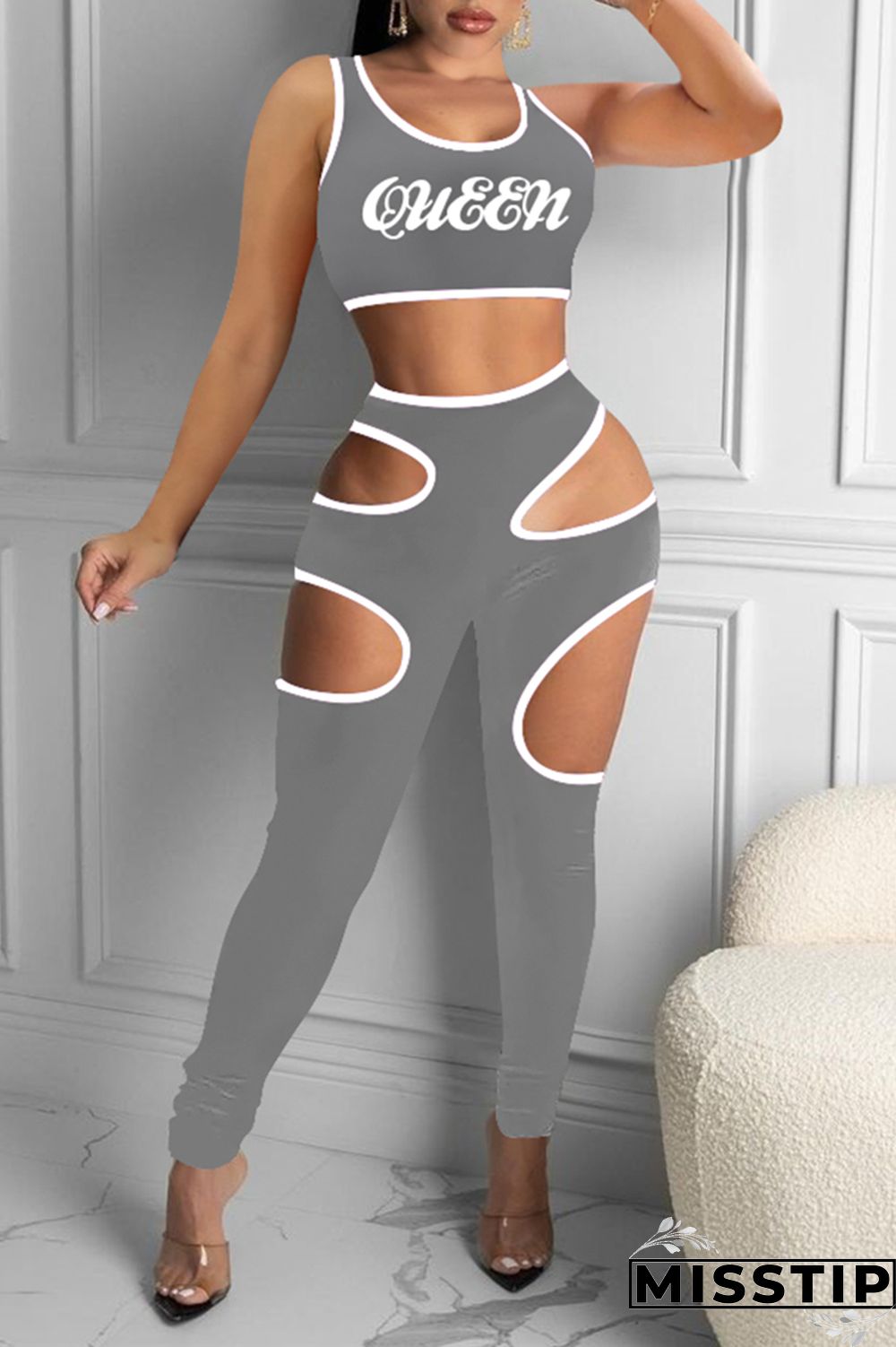 Grey Sexy Casual Letter Print Hollowed Out O Neck Sleeveless Two Pieces