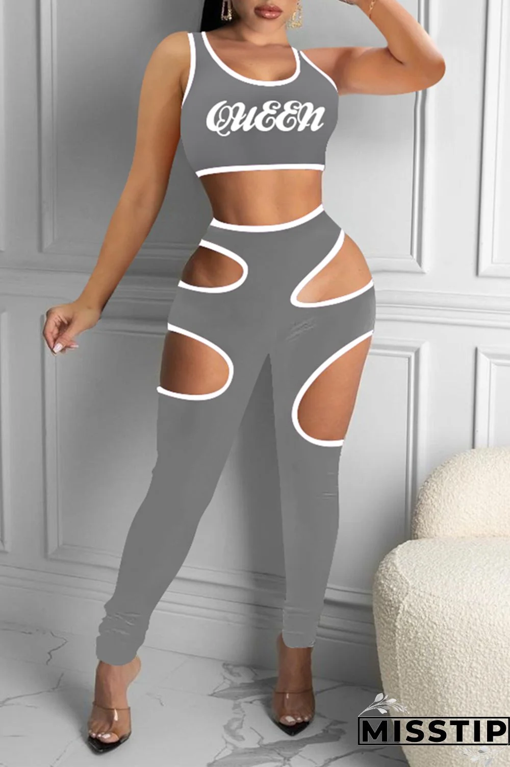 Grey Sexy Casual Letter Print Hollowed Out O Neck Sleeveless Two Pieces