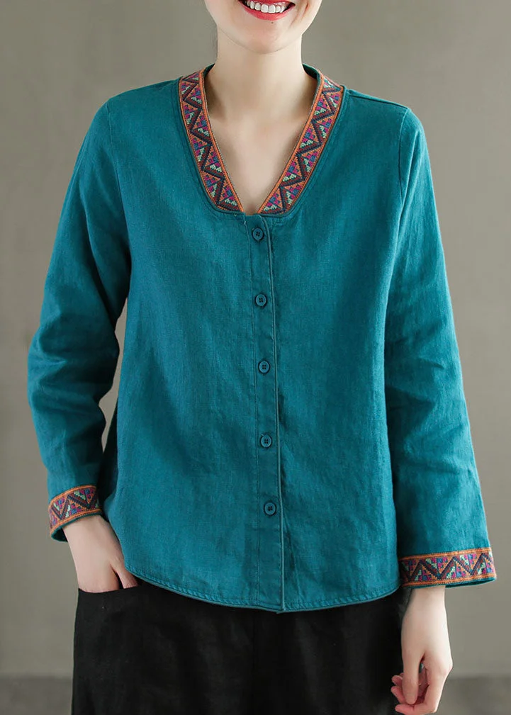 Boho Blue V Neck Embroideried Patchwork Linen Shirts Top Spring