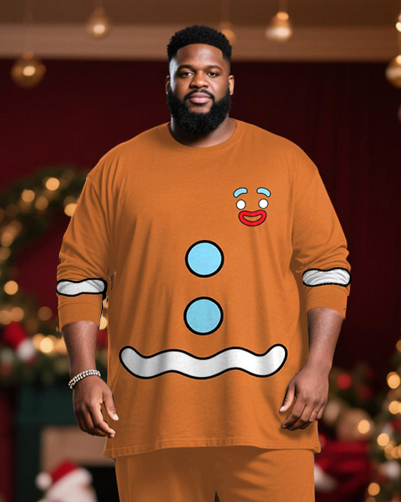 Big & Tall Men's Christmas Gingerbread Man Cosplay Printed Long Sleeve T-Shirt Trousers Suit