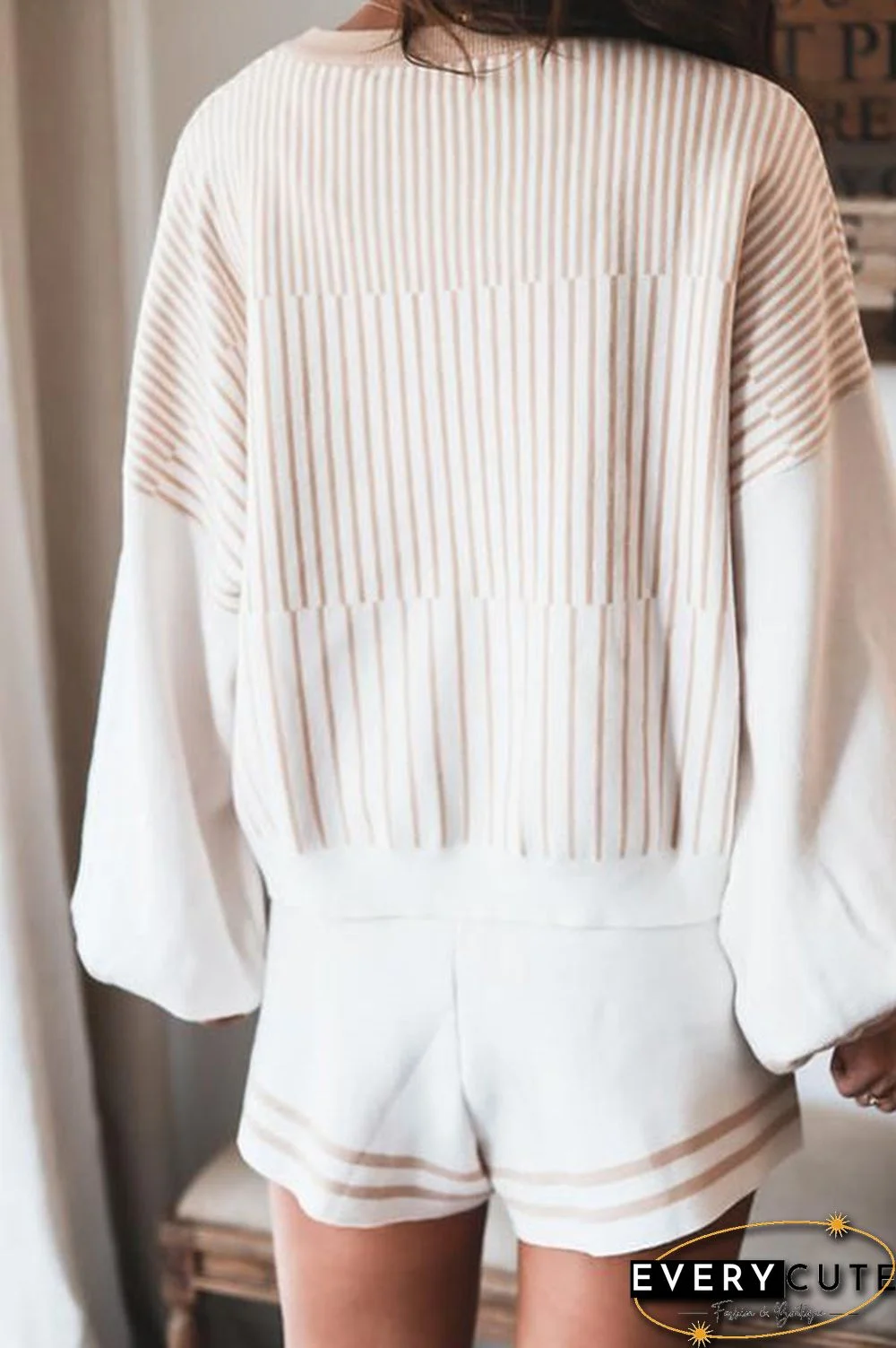 Gradient Stripe Puff Sleeve Sweater Shorts Set