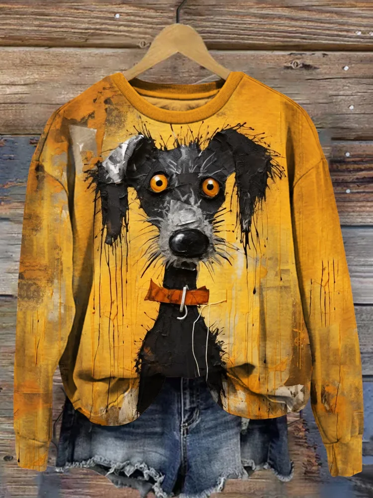Comstylish Cute Black Dog Art Graphic Vintage Sweatshirt