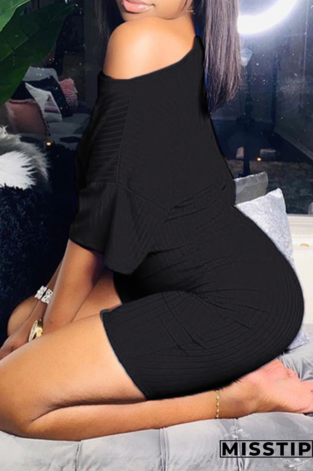 Black Fashion Casual Solid Basic O Neck Short Sleeve Two Pieces