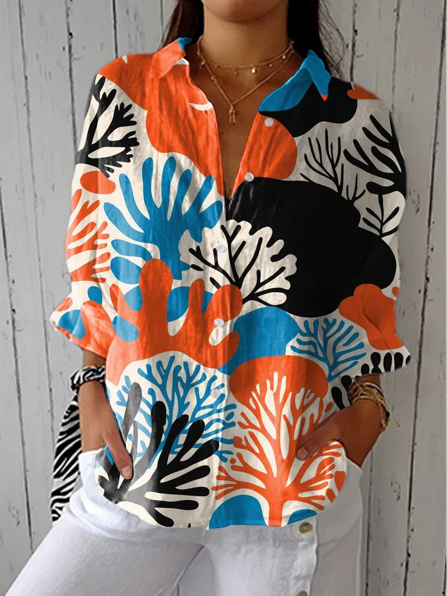 Women's Vintage Color Block Coral Art Print Casual Linen V-neck Shirt
