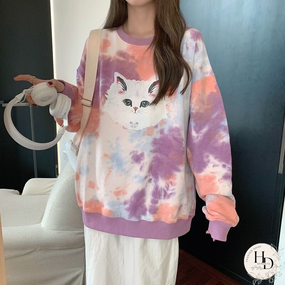 Spring Fall Tie Dye Sweatshirts Women Cartoon Cat Printed Loose Hoodies Girls Kawaii Oversized Pullovers Clothes Mujer Harajuku
