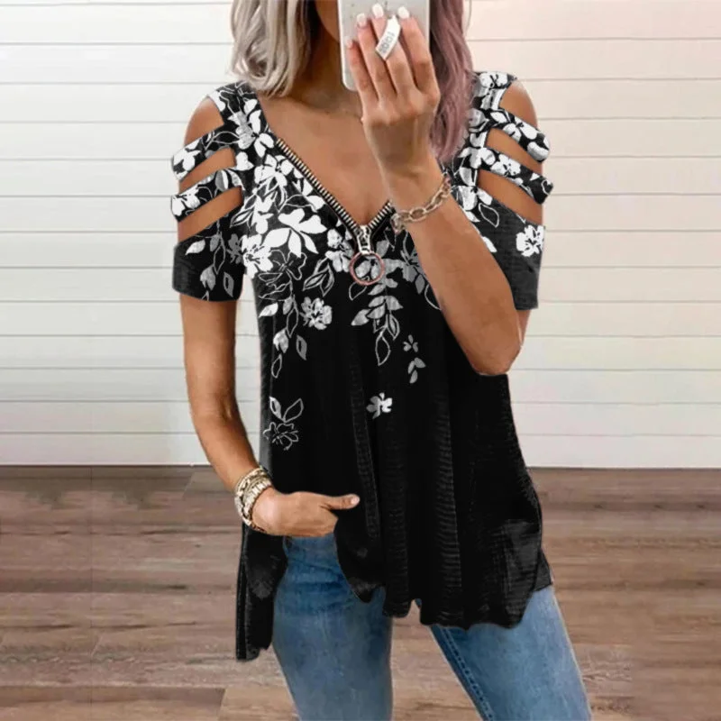 Uveng Collar Leisure Zipper Pullover Print Short Sleeve Loose T-shirt Top