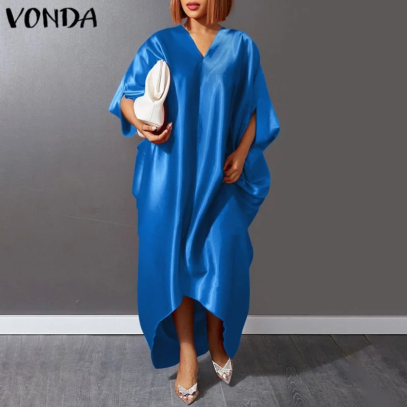 VONDA Women Long Dress Casual Half Bat Sleeve V Neck Sexy Asymmetrical Party Dresses 2022 Summer Satin Slik Bohemian Vestidos