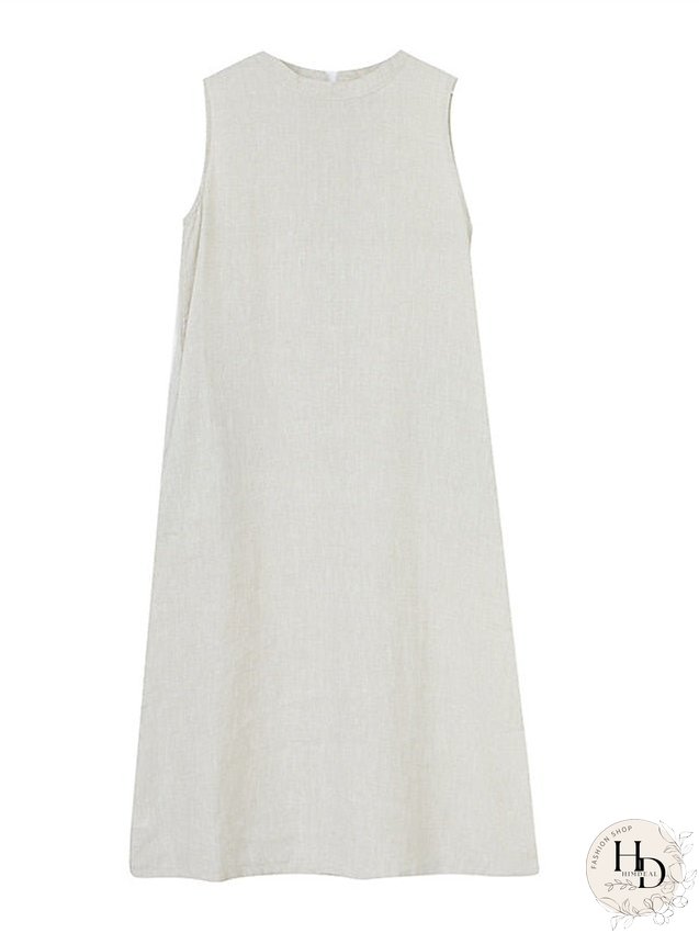 Cotton Linen Dress Casual Dress Midi Dress Linen Cotton Blend Basic Modern Outdoor Daily Vacation Stand Collar Pocket Sleeveless Summer Spring Loose Fit Navy Blue Apricot Plain M L XL 2XL for Women