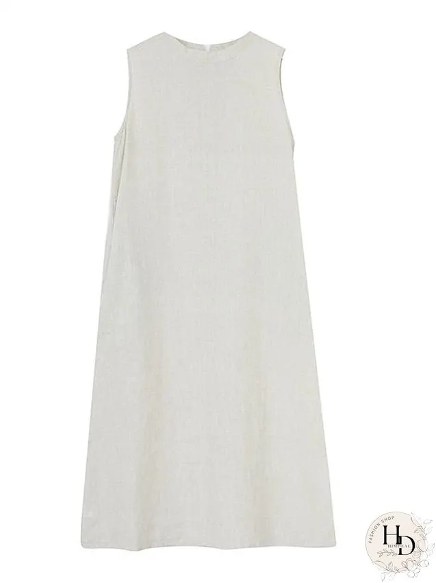 Cotton Linen Dress Casual Dress Midi Dress Linen Cotton Blend Basic Modern Outdoor Daily Vacation Stand Collar Pocket Sleeveless Summer Spring Loose Fit Navy Blue Apricot Plain M L XL 2XL for Women