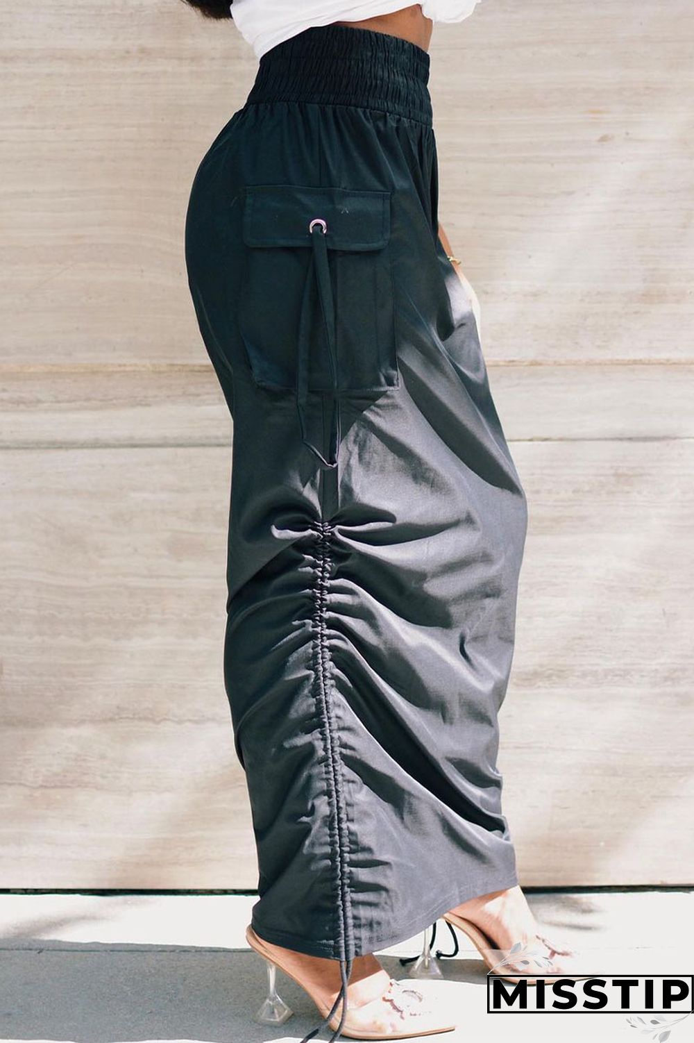 Black Casual Solid Draw String Fold Bottoms