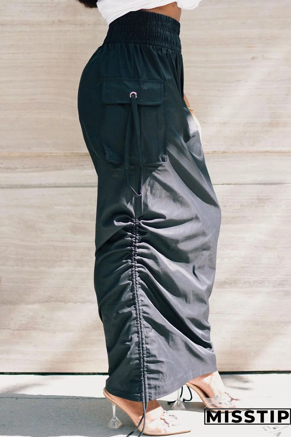 Black Casual Solid Draw String Fold Bottoms